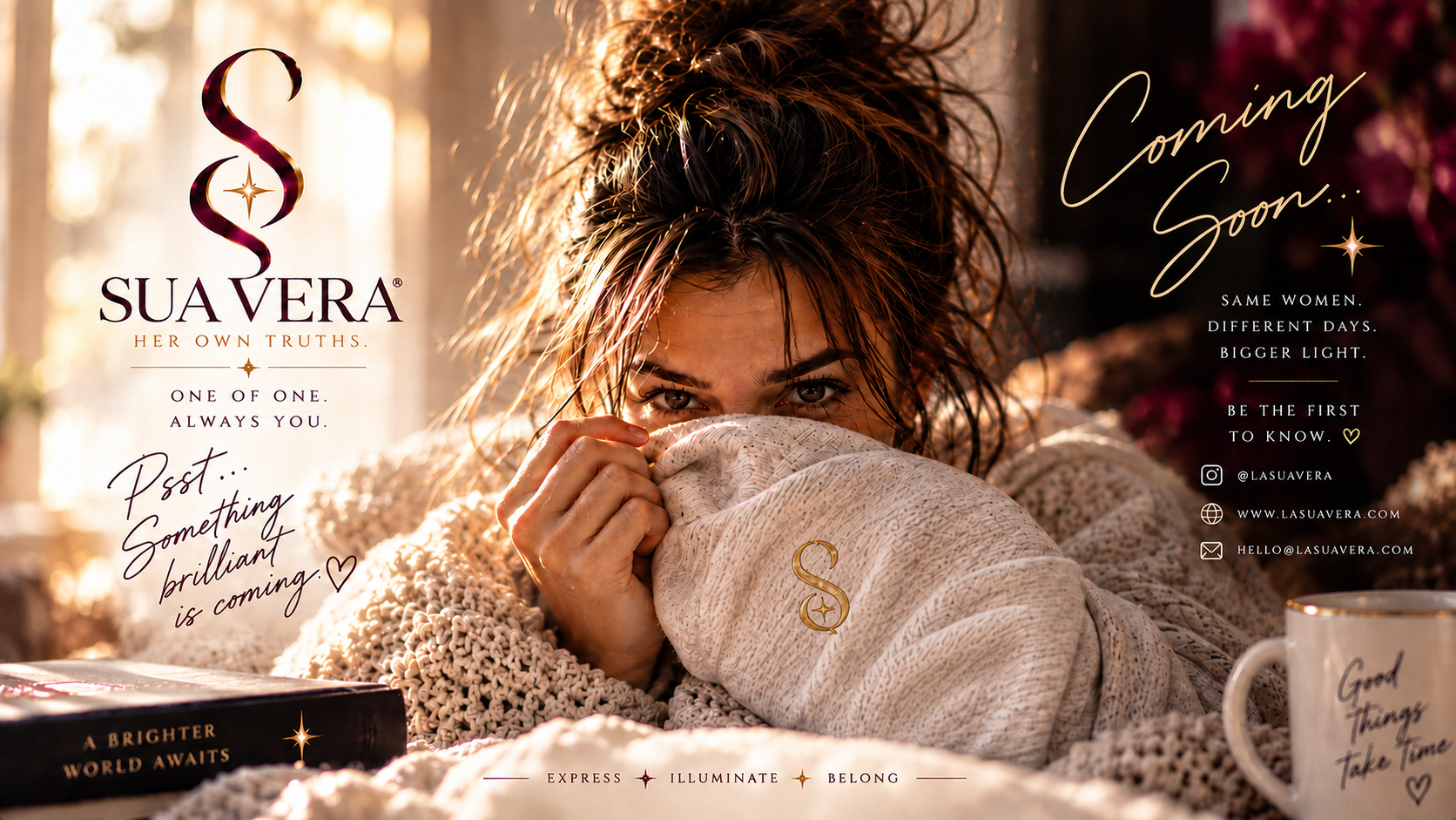 Sua Vera coming soon: a woman tucked into her ivory sweatshirt in golden light, with the flowing plum and antique-gold Signature S.