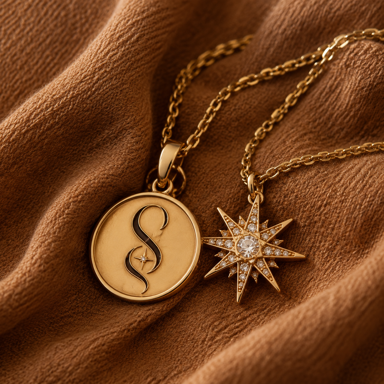 Concept: an antique-gold Signature S medallion and Radiant Glimmer pendant.