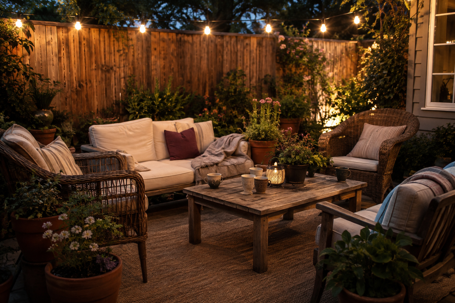 A cozy backyard patio with comfortable wicker chairs, cushions, mugs, potted flowers and warm string lights.