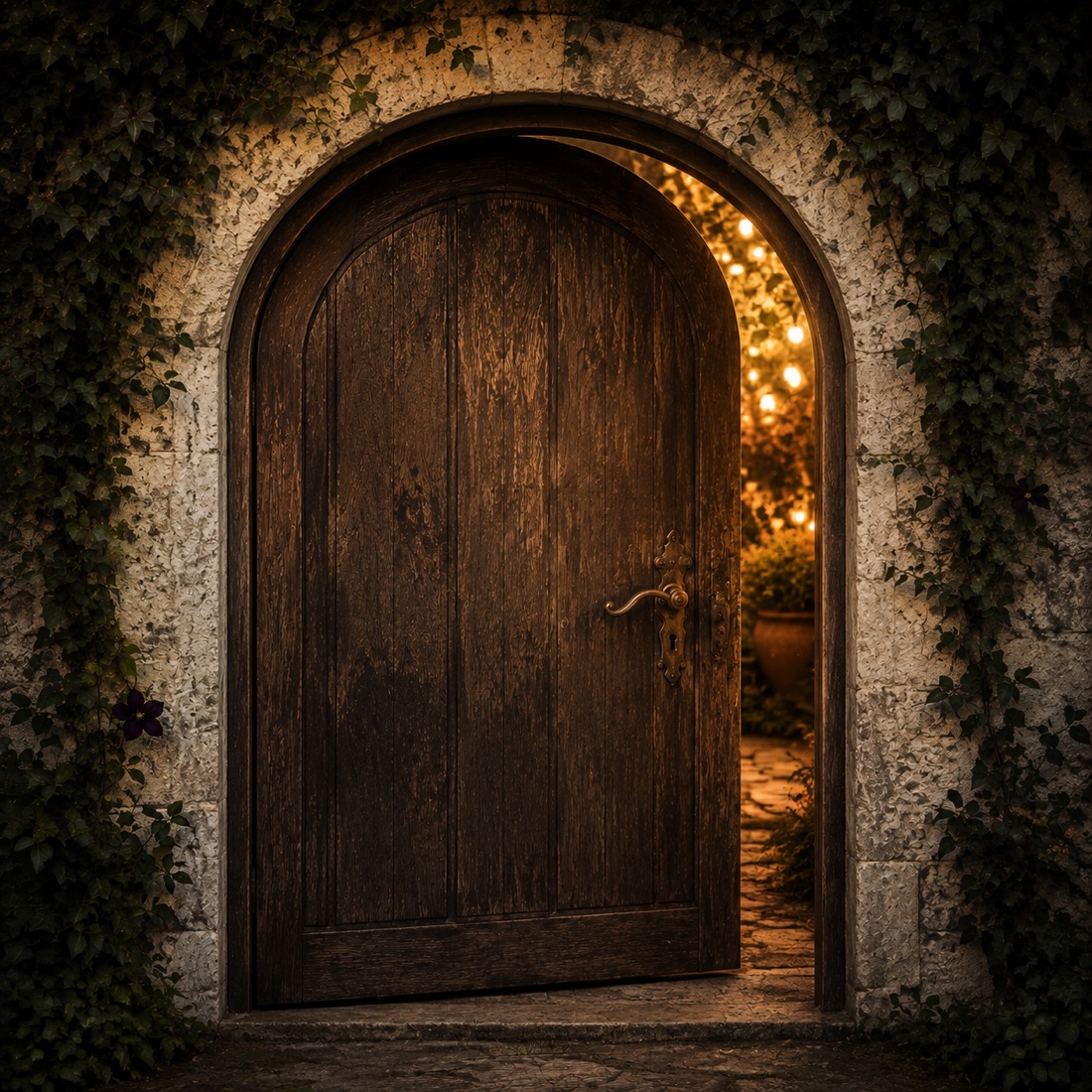 An open wooden garden door with a glowing brass handle and inviting warm lights beyond.